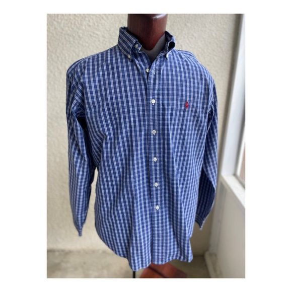 Vintage 90s Ralph Lauren Blue Plaid Dress Shirt Sz L 16 1/2 Hong Kong - Picture 1 of 8